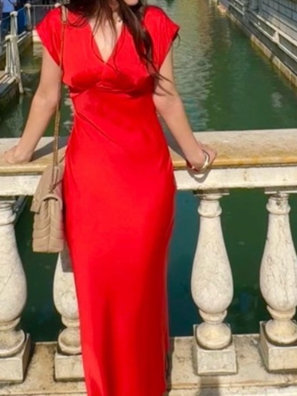 Zara satin Red V-Neck Cap Sleeve Midi Dress